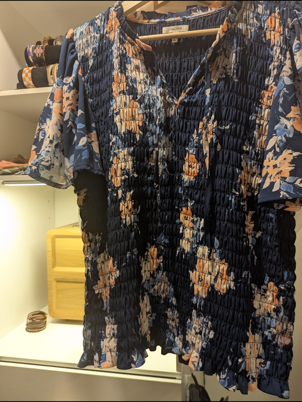 Maurices Navy Floral Smocked Short Sleeve Blouse - Picture 3 of 7